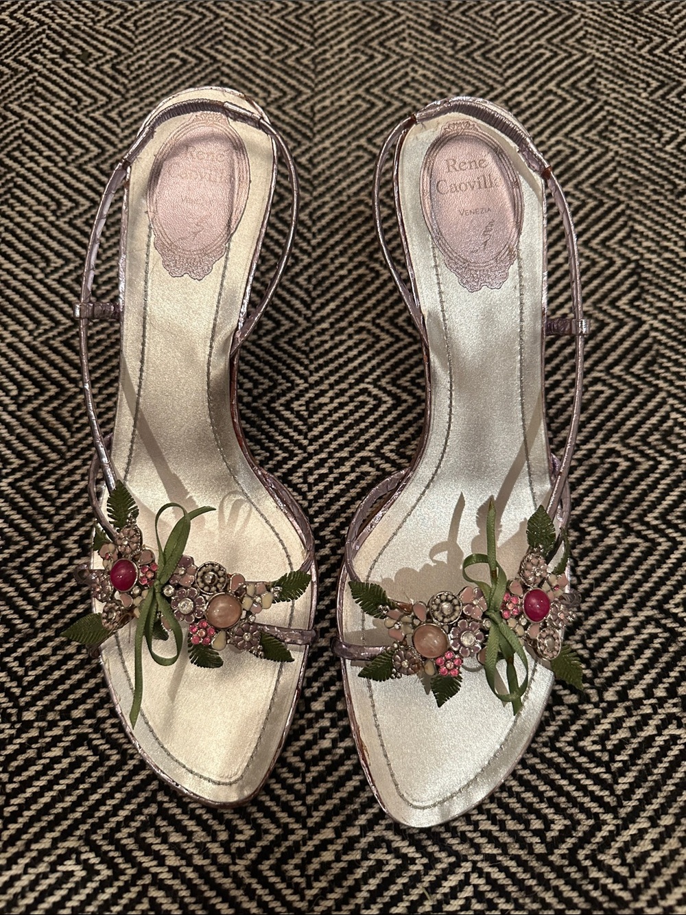 New Rene Caovilla Silver Floral Gem-Embellished Slingbacks with Pink Accents